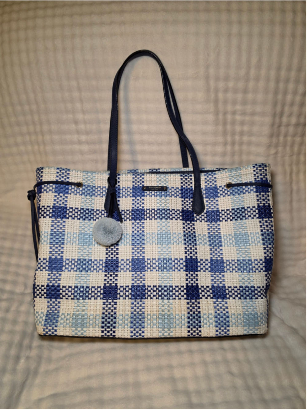 Women's Kate Spade Plaid Woven Tote Bag One Size Blue and White - Picture 2 of 9